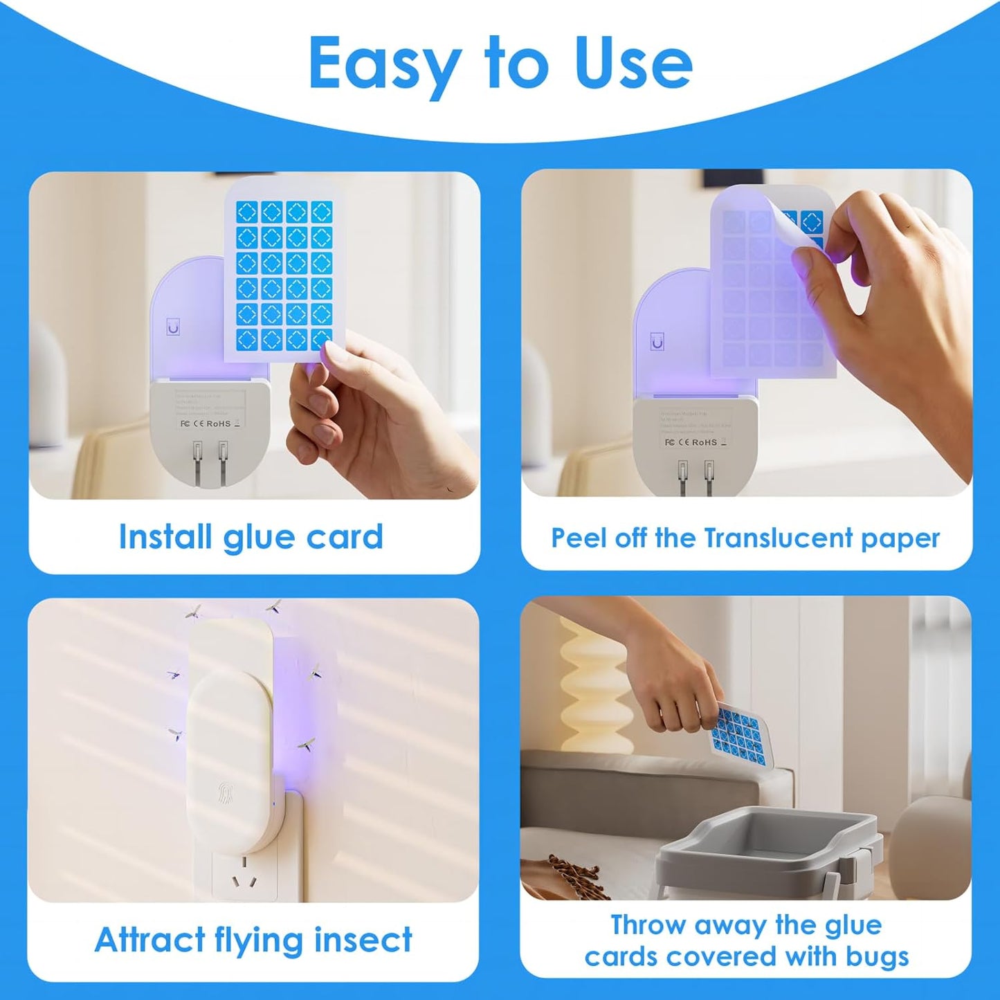 TIENBE Flying Insect Trap, 2 in 1 Indoor Plug-in Fruit Fly Trap, 1 Trap White and 6 Glue Cards, Fruit Fly Traps for Gnat, Moth, Mosquito, Suitable for Every Part of The Home