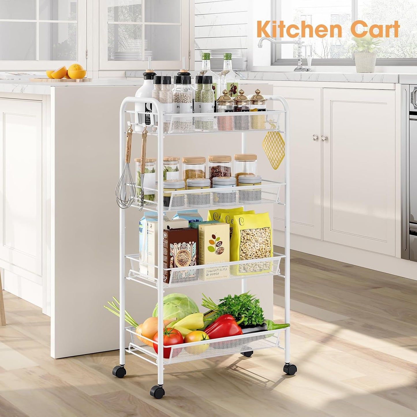 TOOLF 3-Tier Metal Rolling Cart, Mesh Wire Easy Assemble Utility Cart, Storage Trolley on Wheels with 3 Hooks, MetalStorage Shelving Units for Kitchen Bathroom Laundry Room