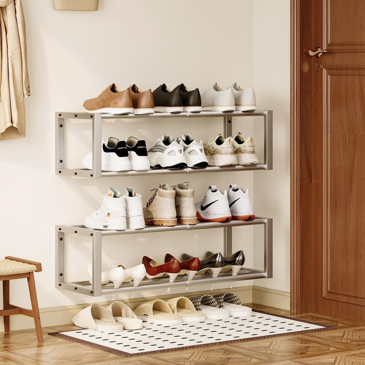 Homeiju Hanging Shoe Organizer,2 Pack Wall Mounted Shoe Rack Holds 12 Pairs,Space Saving Metal Wall Shoe Rack,Hanging Shoe Rack Shoe Holder for Small Space,Entryway,Closet,RV,Camper（Black