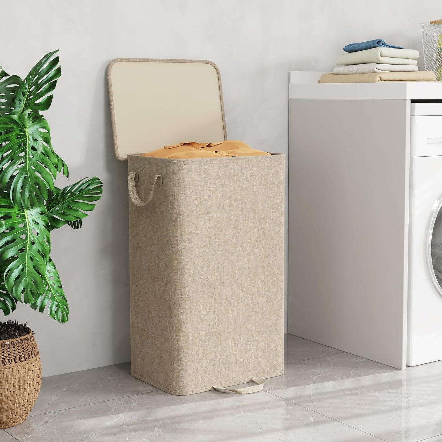 Lifewit Double Laundry Hamper with Lid and Removable Laundry Bags, Large Collapsible 2 Dividers Dirty Clothes Basket with Handles for Bedroom Laundry Room Closet Bathroom College, 136L Beige