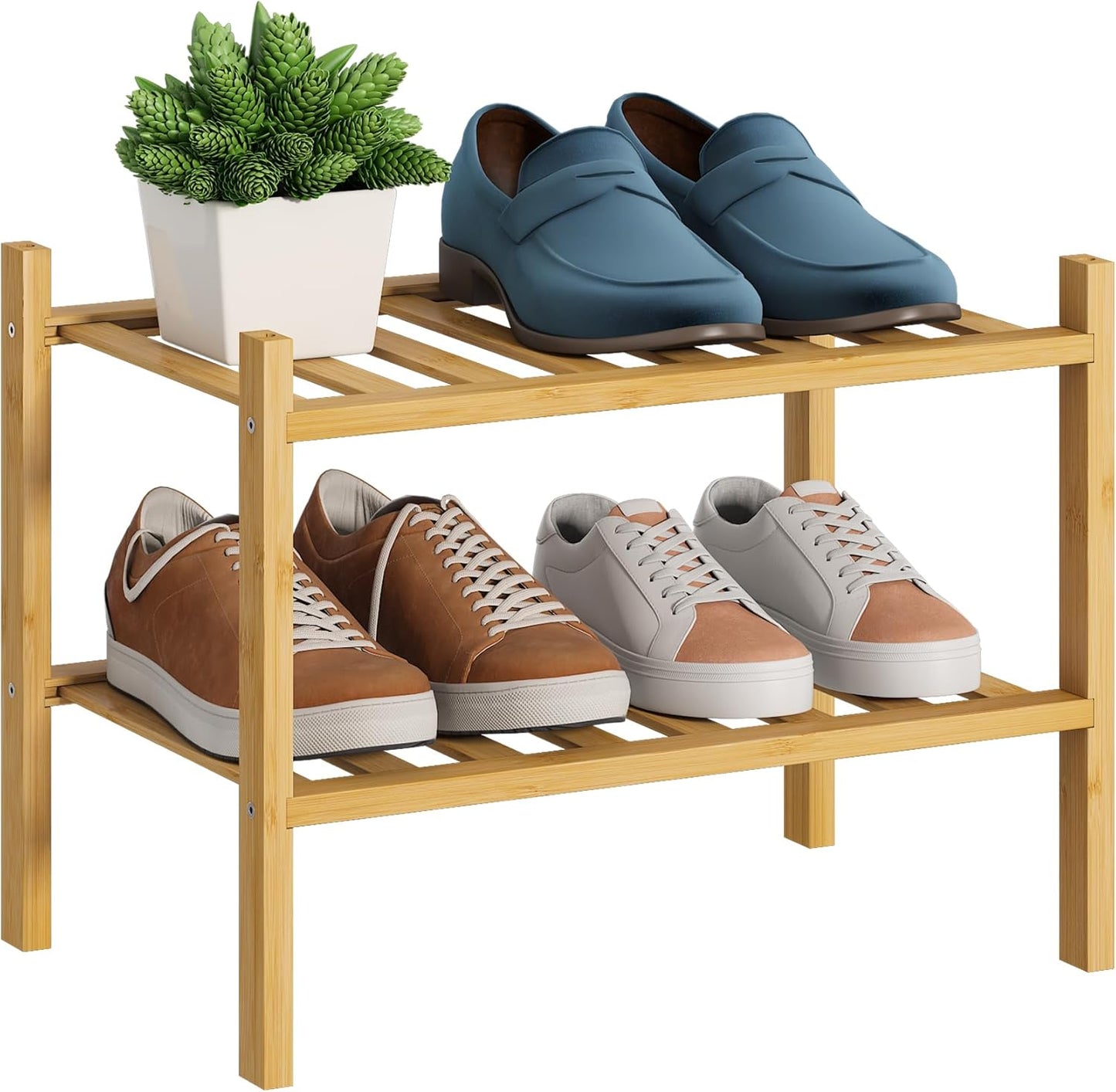BMOSU 2-Tier Bamboo Small Shoe Rack Premium Stackable Shoe Shelf Storage Organizer for Hallway Closet Living Room Entryway Organizer (Black Bamboo)