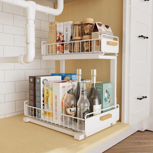2 Pack Under Sink Organizer with Ball Bearing Sliding Drawer, Heavy Duty Pull Out Cabinet Organizer, 2 Tier Adjustable Storage Rack for Kitchen Bathroom, Space Saving Design, White