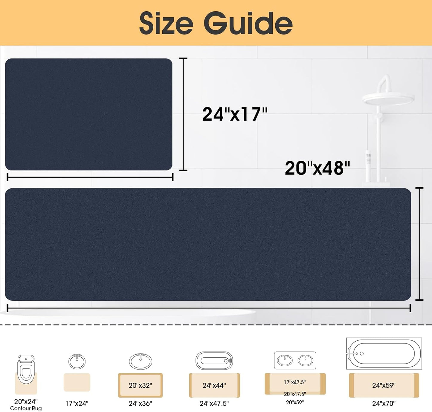 ACCUMTEK Non Slip Bath Mat, Thin Bathroom Rugs Fit Under Door, Quick Dry Bath Mats, Machine Washable Bath Rugs for Bathroom, Bathtub & Kitchen, Grey/Bordered/24 x17