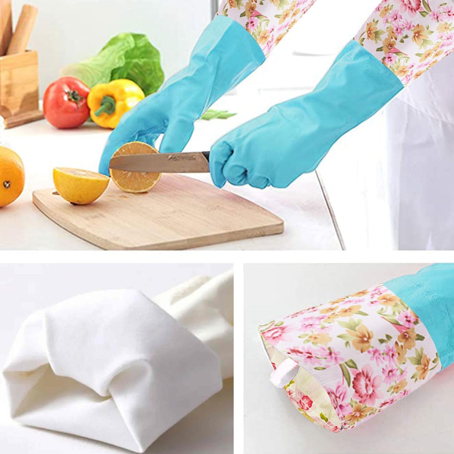 KINGFINGER Rubber Cleaning Gloves, 3 Pairs Reusable Latex-Free Dishwashing Gloves, Dish Glove with Flocked Cotton Liner, Long Cuff, Kitchen Household Glove, Medium (Blue, White, Pink)