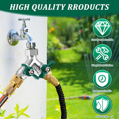 Garden Hose Splitter 2 Way, Heavy Duty Brass Hose Splitter, 3/4" GHT Hose Y Splitter with Shutoff, Full Flow Outdoor Faucet Splitter, Water Hose Y Valve Tap Adapter