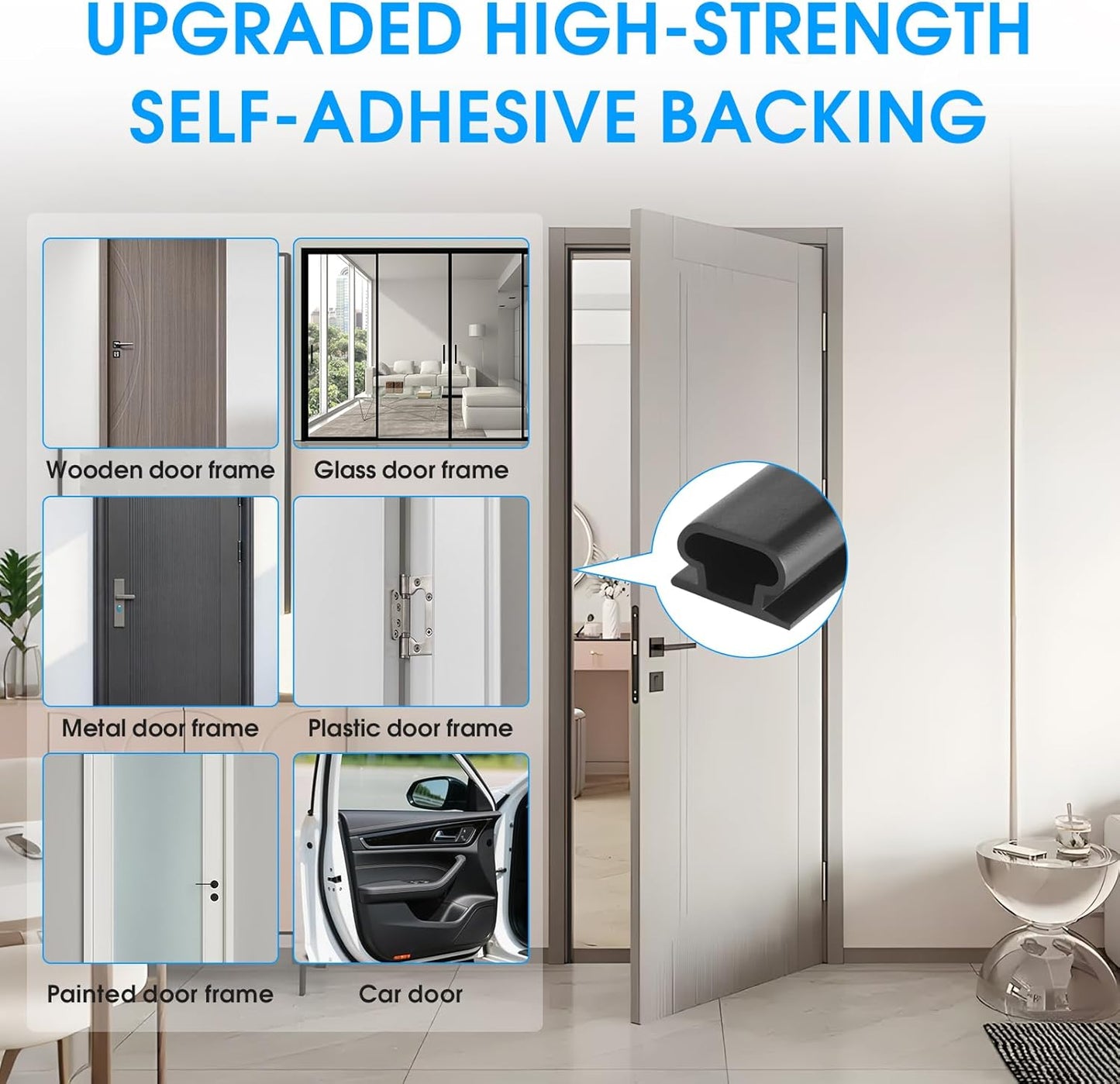 Weather Stripping Door Seal Strip, D-Shaped Self-Adhesive, Soundproof Blocks Cold Drafts & Dust, Black TPE 20Ft (3/8" W × 1/4" T) for Door Frames & Windows