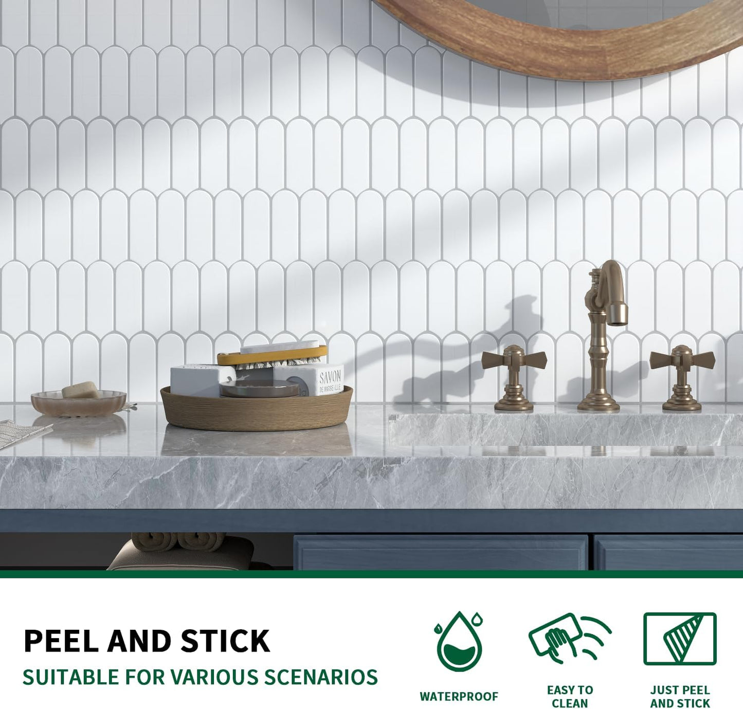 10 Sheet Peel and Stick Backsplash Tile for Kitchen, 12” x 12” Self Adhesive Glossy Vinyl Wall Subway Tiles Waterproof No Residual for Bathroom Fireplace, White with Gray Grout