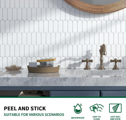 10 Sheet Peel and Stick Backsplash Tile for Kitchen, 12” x 12” Self Adhesive Glossy Vinyl Wall Subway Tiles Waterproof No Residual for Bathroom Fireplace, White with Gray Grout