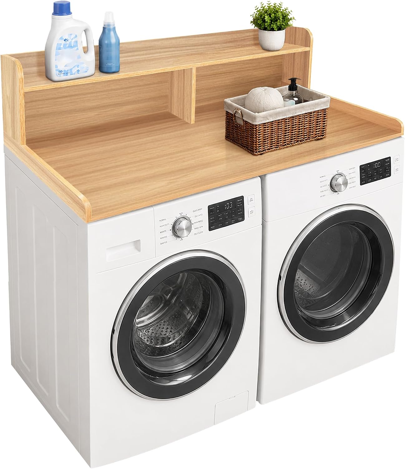 Royxen Laundry Countertop with 2-Tier Shelf Universal Fit, Washer and Dryer Countertop with Storage Space, Shelf Height 11.5 Inches, Solid Wood Core, Oak