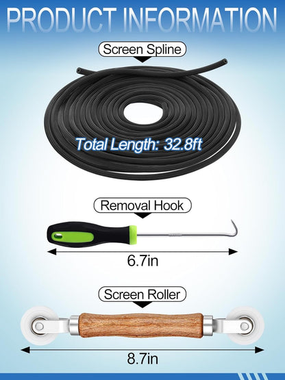 Screen Repair Kit - 3 in 1 Screen Tools Including Roller, 0.14in x 32.8ft Spline, Removal Hook for Replacing & Installing Door Window Screens
