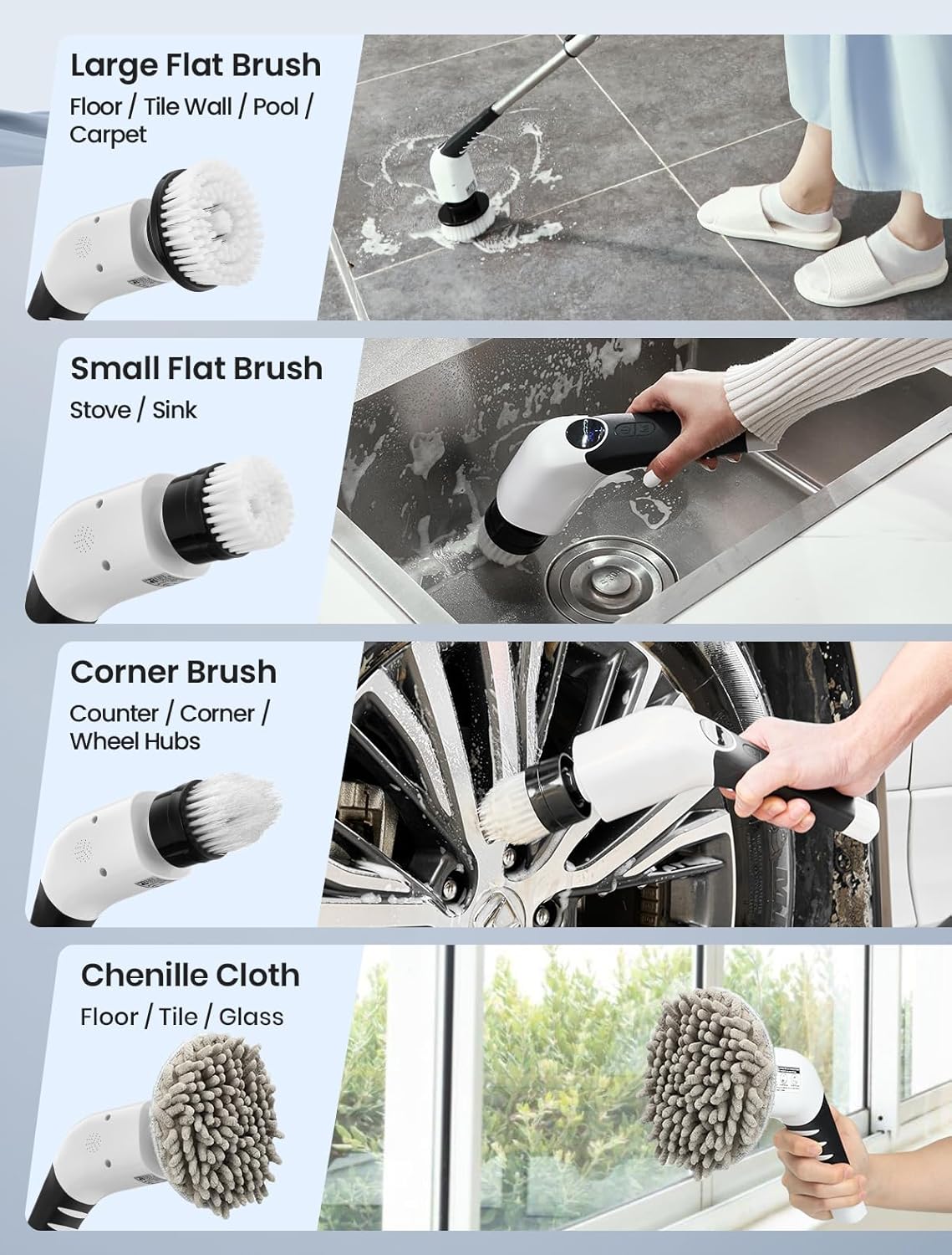 KEIMI Electric Spin Scrubber, Cordless Shower Cleaning Brush with 8 Replaceable Brush Heads, 3 Speeds, Extension Handle, Digital Display, IPX7 Power Scrubber for Bathroom, Tub, Tile and Floor