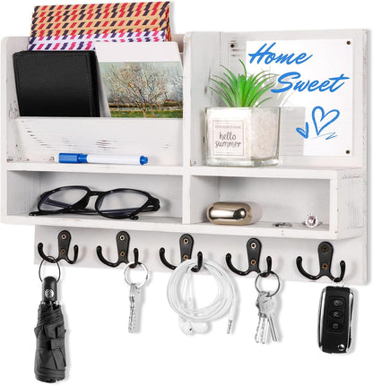 Key Holder Wall Mount, Mail Organizer Wall Mounted, Solid Wood Key Holder for Wall Living Room Entryway Home Decor, with 10 Key Hooks, Shelf, Marker Pen, 15.7" x 10.2" x 2.8"