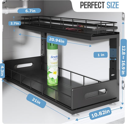 Under Sink Organizer Upgrade To Professional Rails,2-Tier Dual Pull Out Cabinet Storage,Height Adjustable Slide Out Drawers For Bathroom Kitchen,2 Pack-14.5" Dx12.8-16.9" H,White