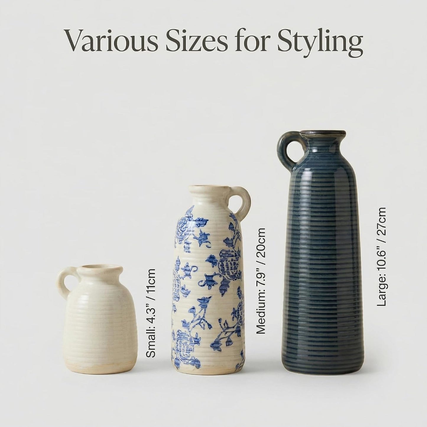 Ceramic Vase Set of 3 with Handles, Green White Neutral Rustic Modern Farmhouse Boho Decor, Versatile as Table Centerpiece or Mantel & Shelf Accent - Unique Home Gift Idea