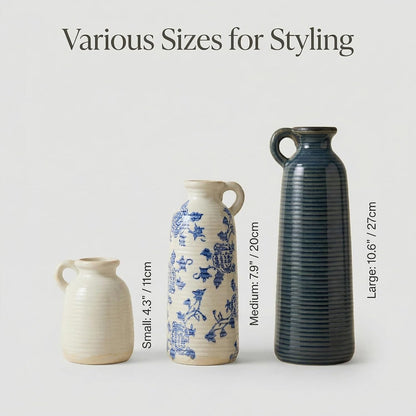 Ceramic Vase Set of 3 with Handles, Green White Neutral Rustic Modern Farmhouse Boho Decor, Versatile as Table Centerpiece or Mantel & Shelf Accent - Unique Home Gift Idea