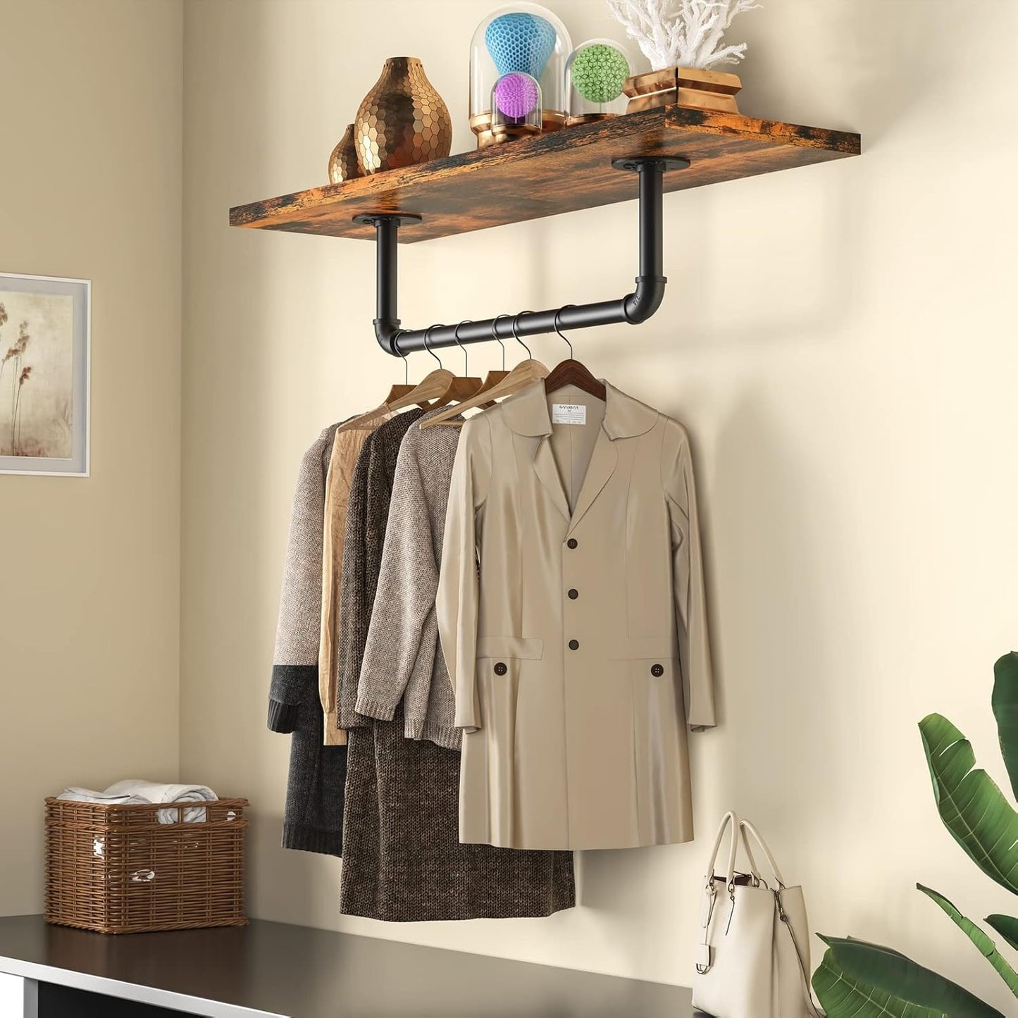 Wall Mounted Clothes Rack 31.5in, Industrial Pipe Wall Mount Clothing Rack, Heavy Duty Iron Garment Racks, Space Saver Multi-purpose Hanging Rod for Laundry Room, Closet Storage, 1 Pack