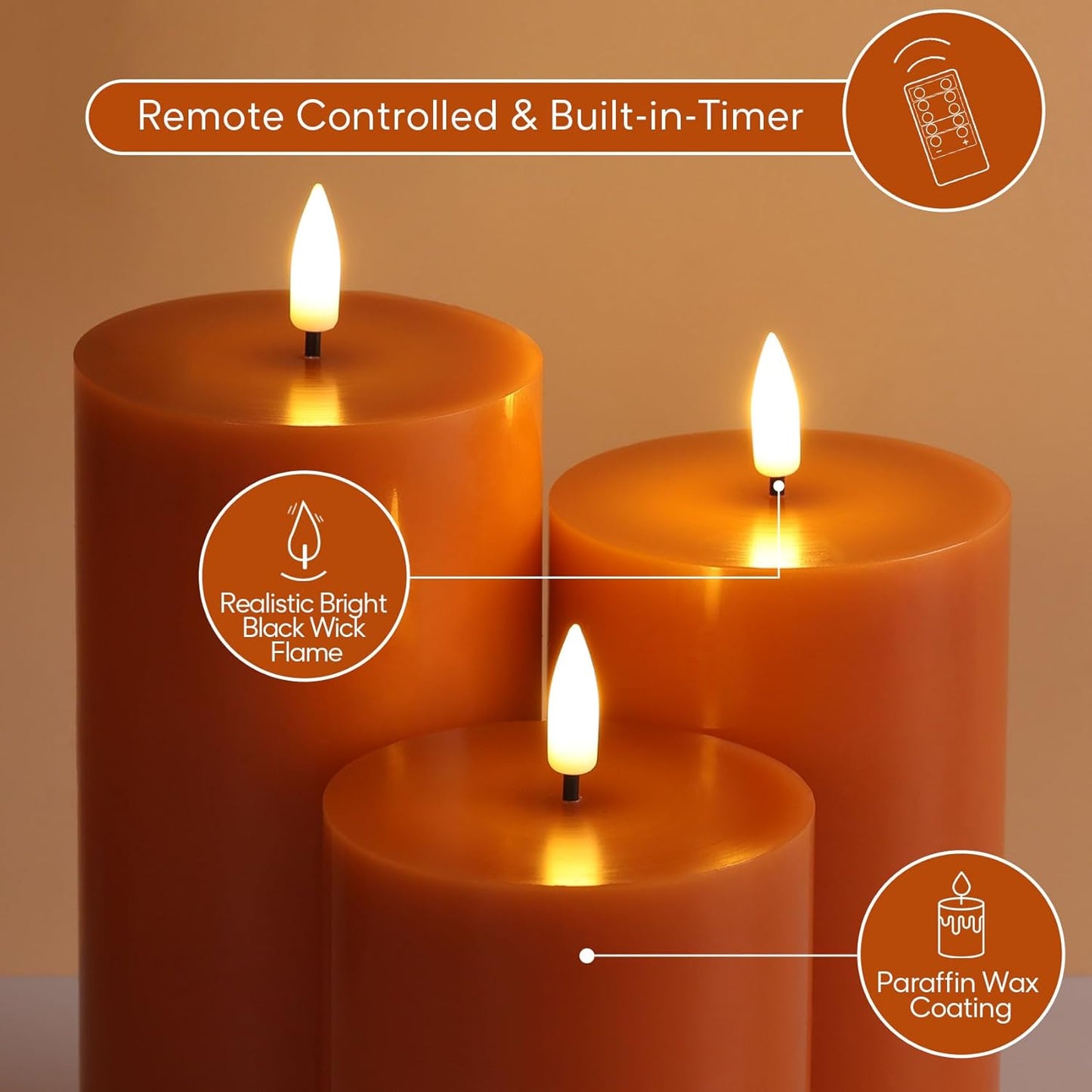 Black Flameless Pillar Candles with Remote, Flickering LED Wax Candles Battery Operated Set of 3
