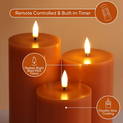 Black Flameless Pillar Candles with Remote, Flickering LED Wax Candles Battery Operated Set of 3