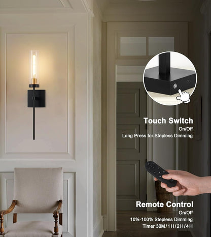 Wireless Wall Sconces with Remote Control, Battery Operated Wall Sconce Set of 2, Black & Gold Rechargeable Dimmable Wall Light for Bedroom Living room Bathroom Hallway Entryway Stairwell, 3000K