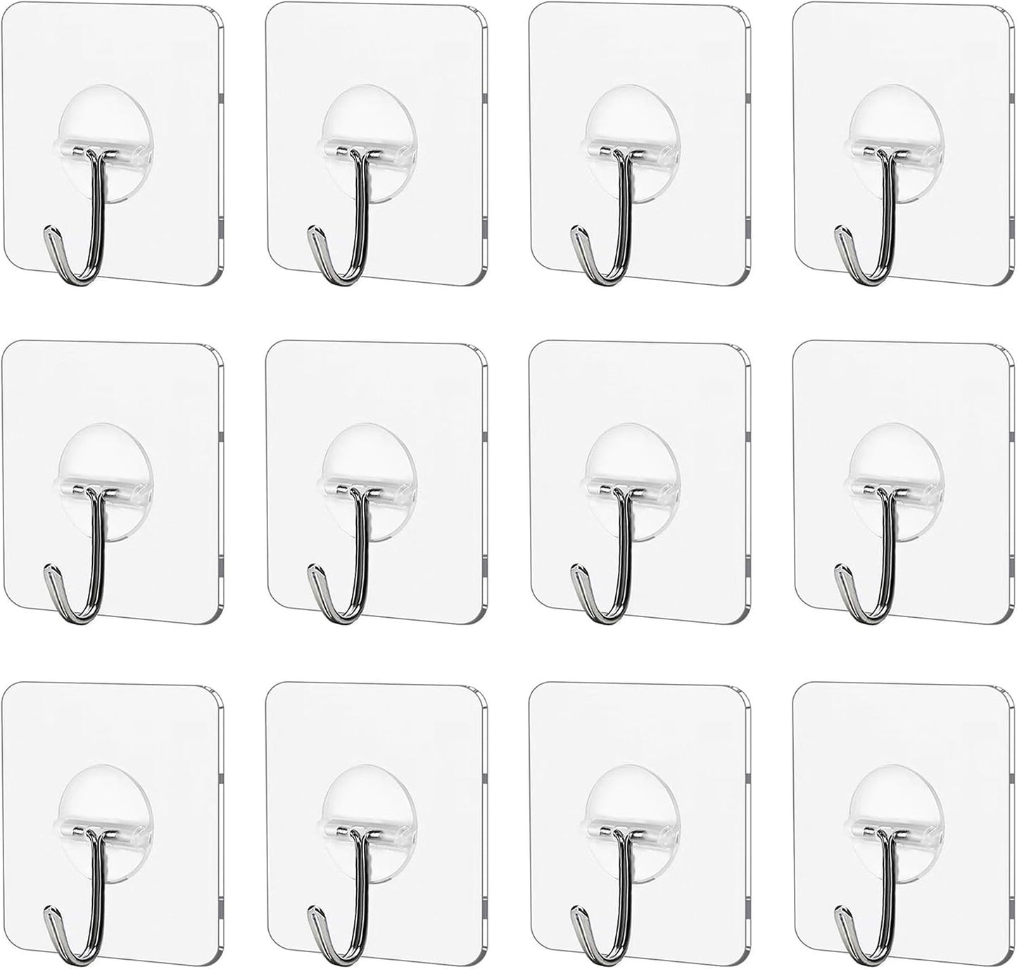 Adhesive Wall Hooks 12 Pack Heavy Duty Transparent Waterproof Hooks for Hanging Towels Coats Keys and Decor for Bathroom Kitchen Door Outdoor Use