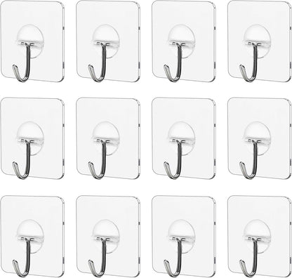 Adhesive Wall Hooks 12 Pack Heavy Duty Transparent Waterproof Hooks for Hanging Towels Coats Keys and Decor for Bathroom Kitchen Door Outdoor Use