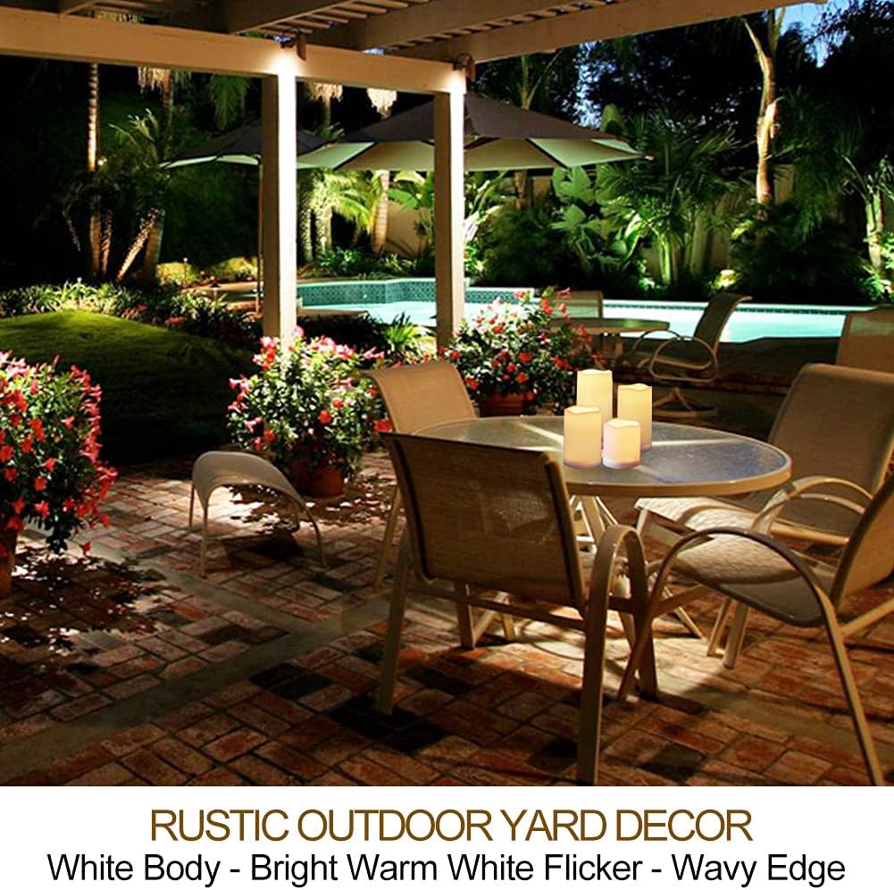 Set of 4 White Outdoor LED Pillar Candles 3x4 3x5 3x6 3x7 with Timer and Remote - IP65 Waterproof Battery Operated LED Pillar Candles - Flickering Flameless Pillar Candles Unscented Outside