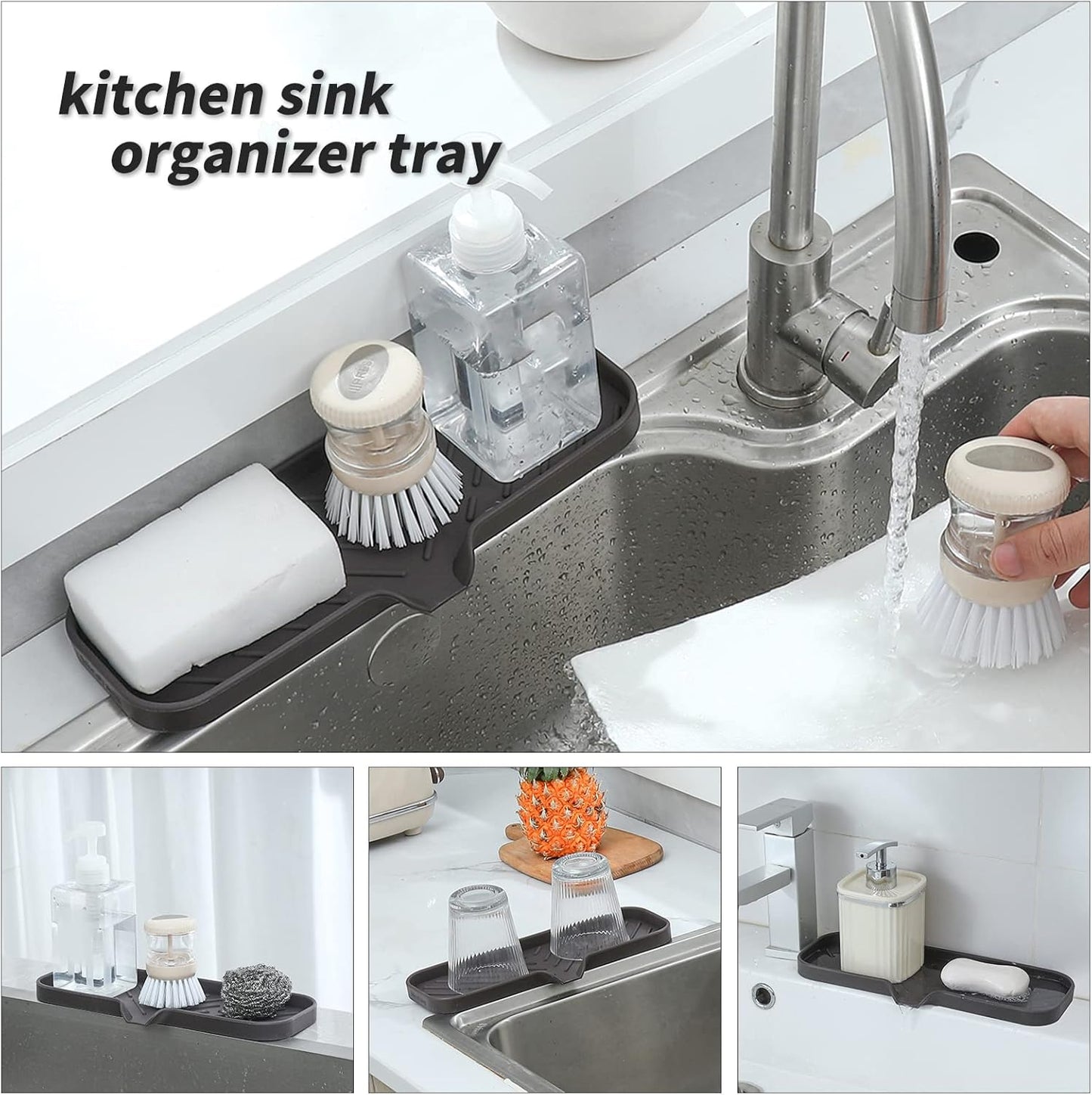 MicoYang Silicone Bathroom Soap Dishes with Drain Spout-Bathroom and Kitchen Sink Organizer,Sponge Holder,Dish Soap Tray,Perfect for Dispenser,Scrubber,Bottle,Cup on Sink or Counter-Coffee 4.9"×3.2"
