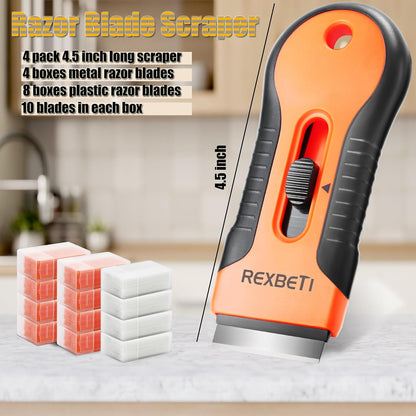 REXBETI Razor Blade Scraper Tool, 2 Pack Razor Scraper Set with Extra 80Pcs Razor Blades -30Pcs Metal and 50Pcs Plastic Blades, Cleaning Scraper Tool, Cooktop, Paint, Glass Scraper