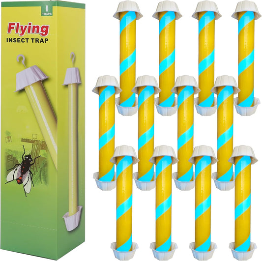 Fly Stick Sticky Fly Traps for Indoors Outdoor 12pk, Sticky Hanging Fly Stick, Flying Insect Trap, wasp Trap（Fluorescent Strip Yellow）