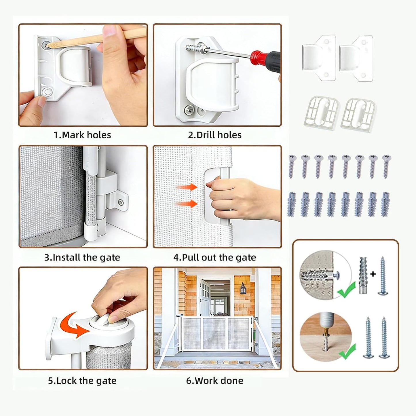 Retractable Baby Gate, 55 in Wide x 33 in Tall Mesh Dog Gate, Hardware Mounted Safety Gate with Double Lock for Doorways, Hallways, Indoor Outdoor, White