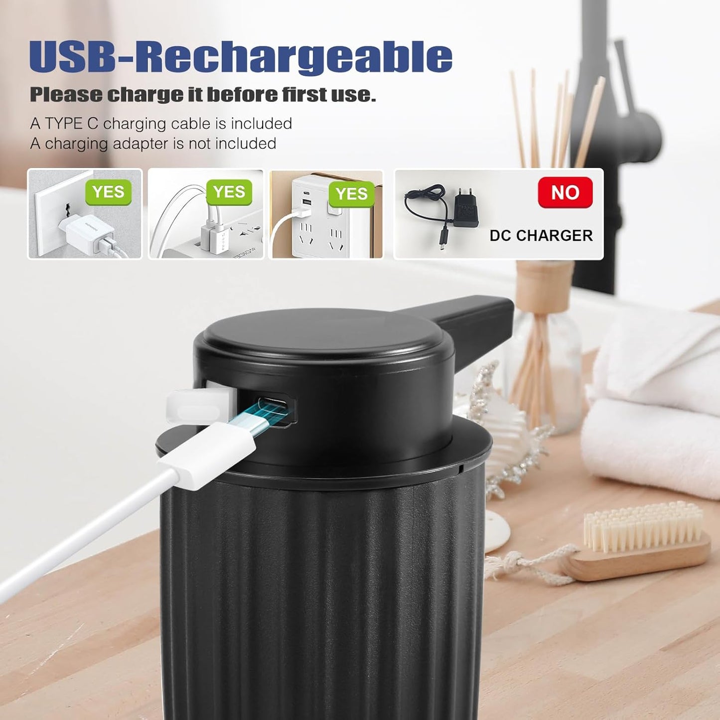Automatic Soap Dispenser Foaming Touchless: 9oz Plastic Black - Rechargeable Electric Smart Auto Foam Soap Dispenser - Bathroom Kitchen Hand Dish Lotion