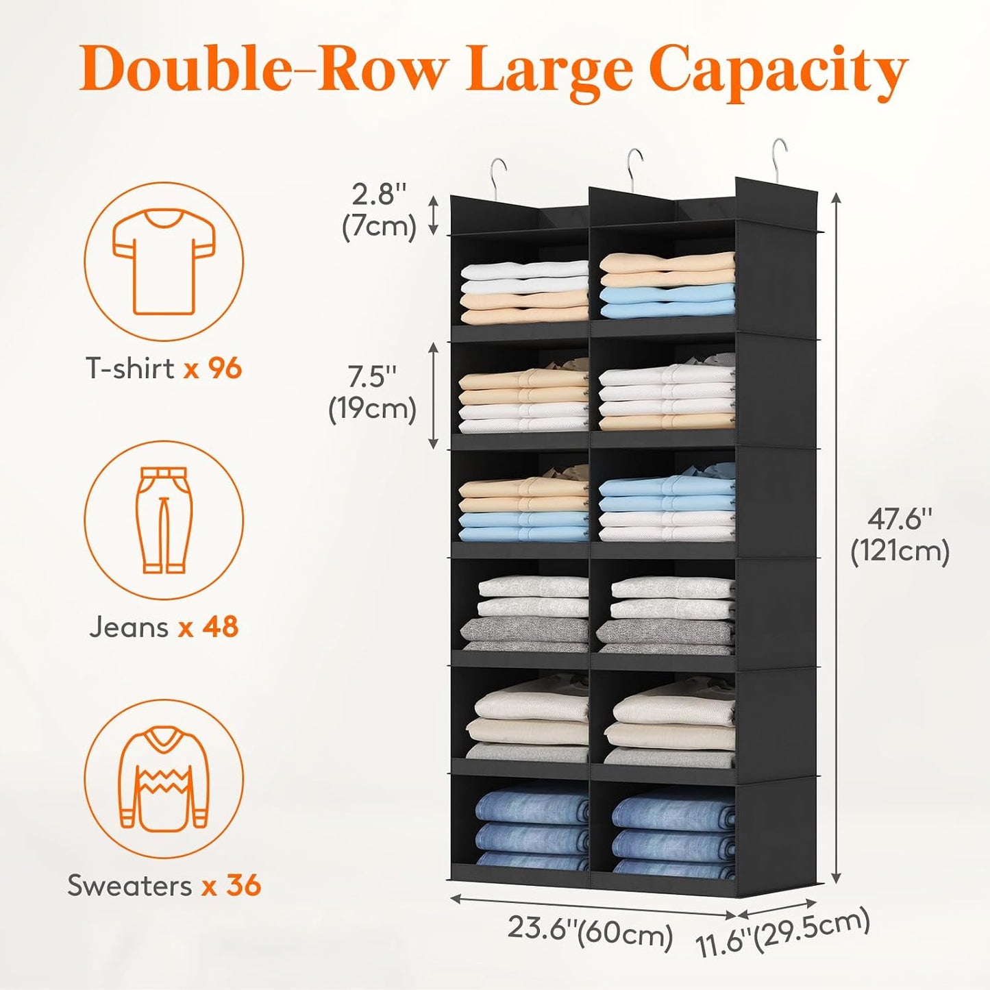 Lifewit Dual-Row Shelf Hanging Closet Organizer and Storage, Clothes Shelves with 3 Sturdy Hooks for Clothing Organization, Foldable Container Hold Up to 24 Sweaters, 4 Tier 8 Sections, Gray