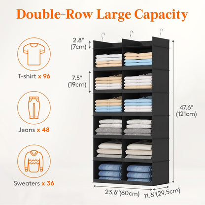 Lifewit Dual-Row Shelf Hanging Closet Organizer and Storage, Clothes Shelves with 3 Sturdy Hooks for Clothing Organization, Foldable Container Hold Up to 24 Sweaters, 4 Tier 8 Sections, Gray