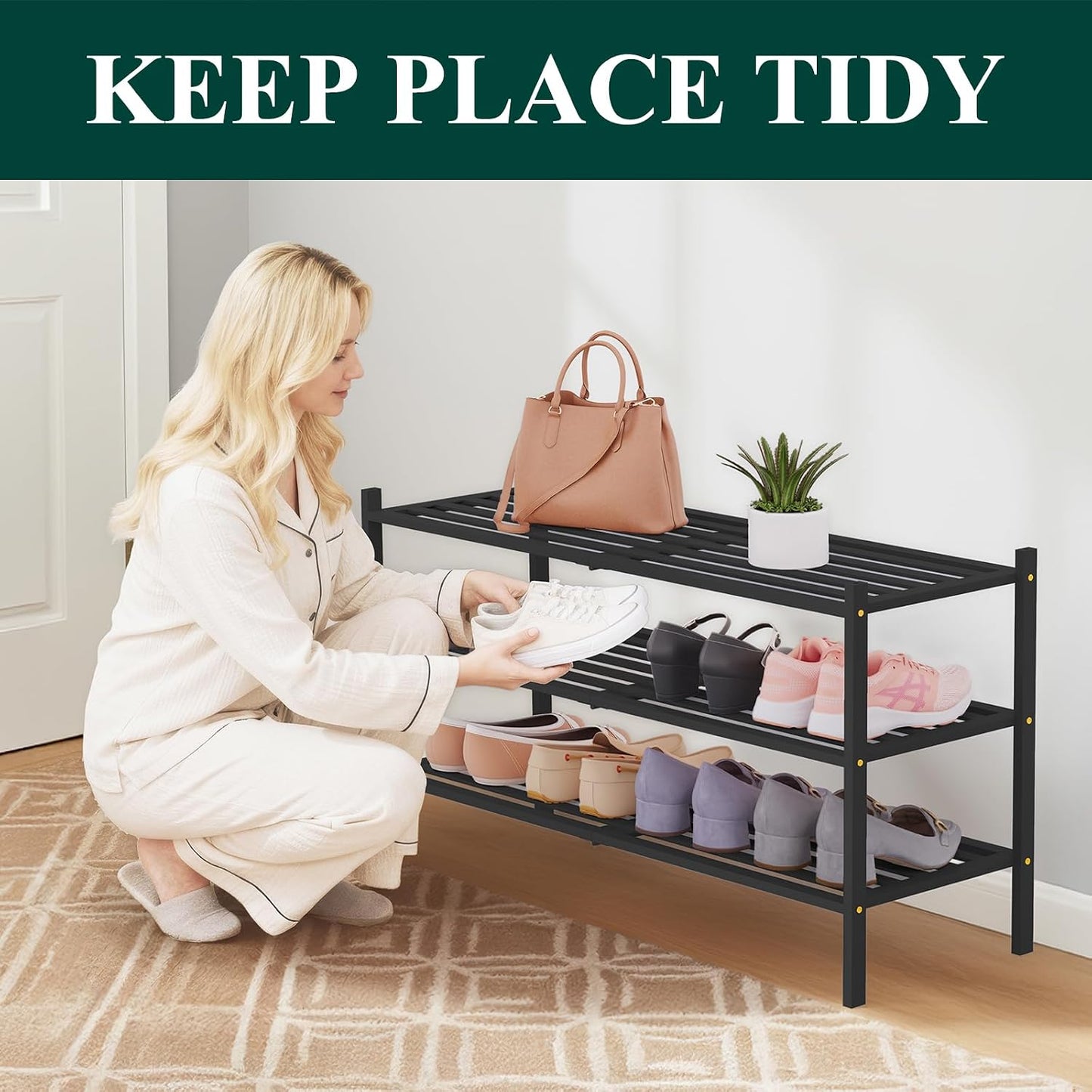 Smiry Bamboo Shoe Rack, 3 Tier Free Standing Wooden Shoe Organizer, Stackable Wood Shoe Storage Shelf for Closet, Entryway, 5 Horizontal Slats, 26.8"x11"x18.3", Natural