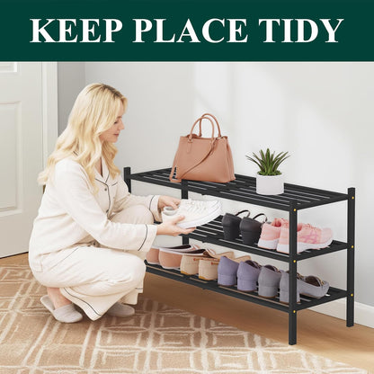 Smiry Bamboo Shoe Rack, 3 Tier Free Standing Wooden Shoe Organizer, Stackable Wood Shoe Storage Shelf for Closet, Entryway, 5 Horizontal Slats, 26.8"x11"x18.3", Natural