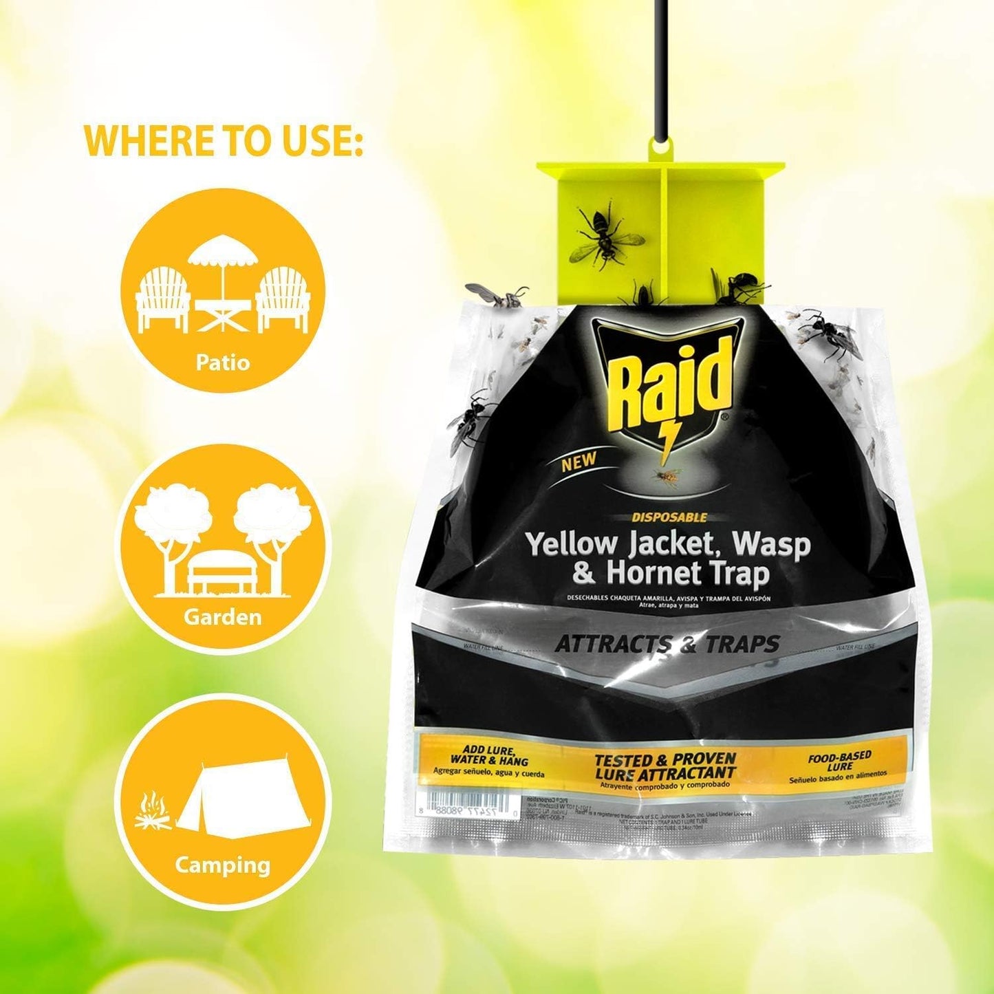 Raid Yellow Jacket, Wasp & Hornet Trap, 6 Pack, Disposable, Convenient, Hanging Fly Trap Bags with Food-Based Lure, No-Spray Outdoor Fly Traps Suitable Defense for Yards, Patios & Campsites