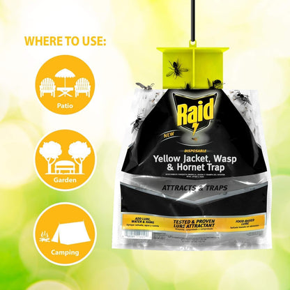 Raid Yellow Jacket, Wasp & Hornet Trap, 6 Pack, Disposable, Convenient, Hanging Fly Trap Bags with Food-Based Lure, No-Spray Outdoor Fly Traps Suitable Defense for Yards, Patios & Campsites