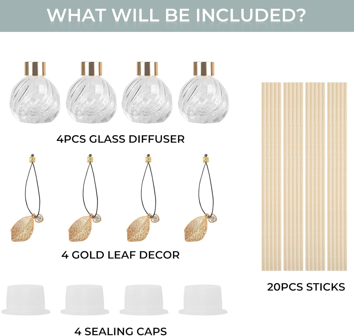 4-Piece Reed Diffuser Set with Metal Golden Decoration, 3.5-4.2oz Empty Bottles and 20 Reed Sticks, Unique Design for Home and Office (4 Different Bottles)