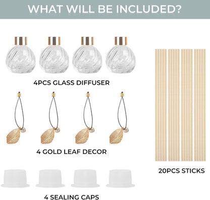 4-Piece Reed Diffuser Set with Metal Golden Decoration, 3.5-4.2oz Empty Bottles and 20 Reed Sticks, Unique Design for Home and Office (4 Different Bottles)