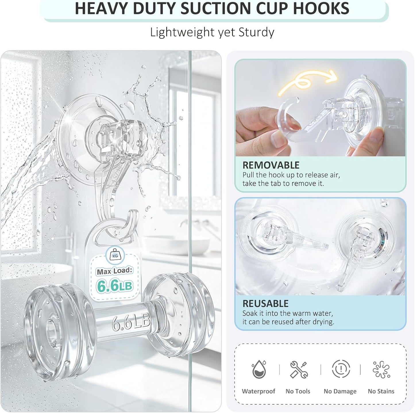 VIS'V Suction Cup Hooks, Small Shower Suction Hooks, Heavy Duty, Removable and Reusable, Clear, 2 Pcs
