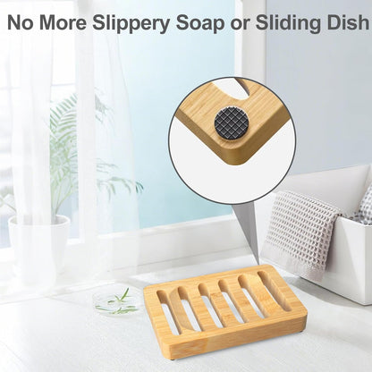 2 Pack Wooden Soap Holder Bamboo Soap Dish for Shower with Self Draining Tray Natural Bar Soap Holder and Soap Saver for Bathroom Kitchen Sink