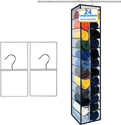 Over the Door Organizer Storage 6 Tier, 12 Large Capacity Side Pockets, Heavy Duty Metal Reinforced Hook Anti Tilt 75 LB Load Behind Door Storage for Bedroom Bathroom Pantry Nursery