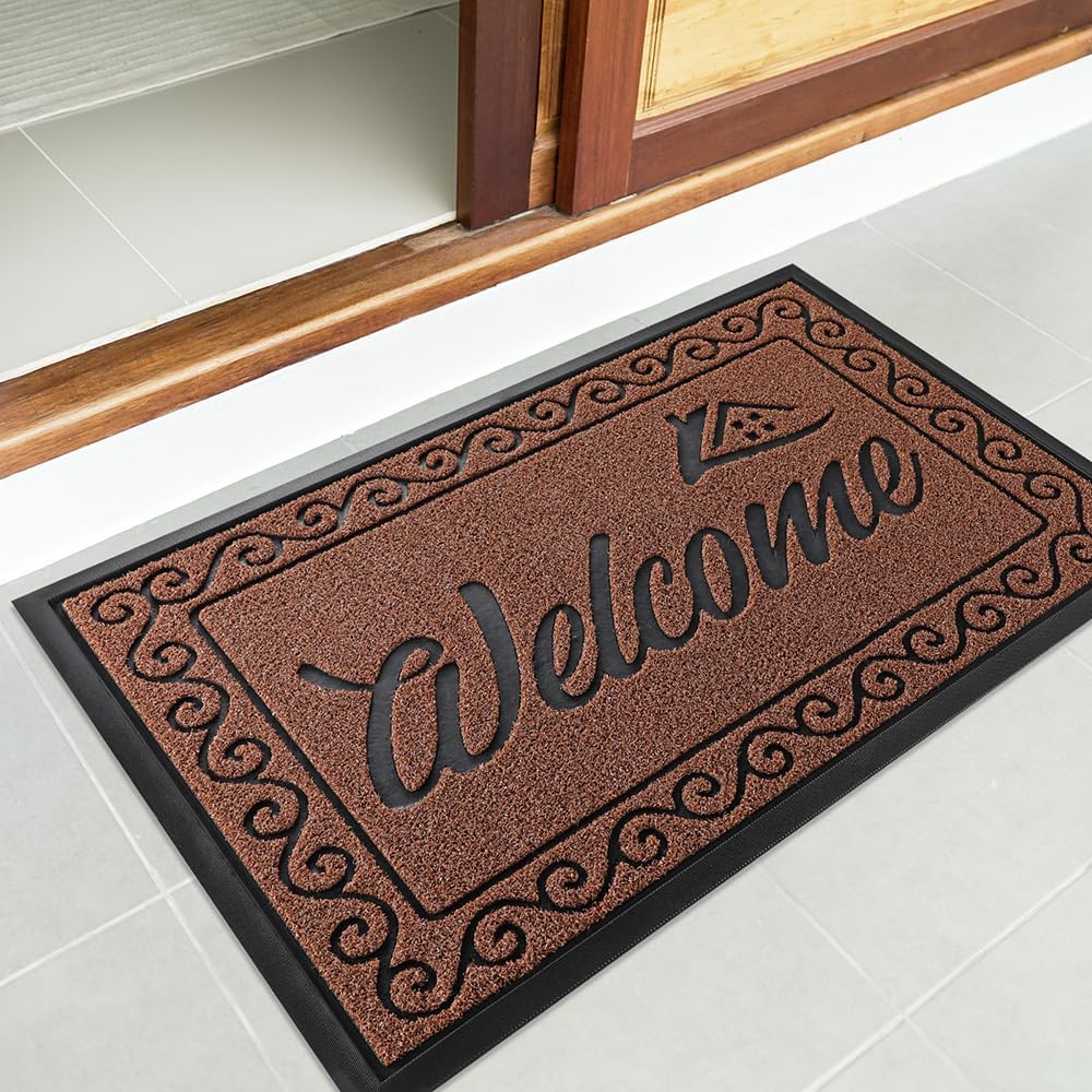 Yimobra Welcome Mat, Heavy Duty Sturdy Door Mats for Home Entrance Outdoor Indoor, Front Doormat for Outside Patio Floor Entry Porch Garage Office, Waterproof, Low Profile, 29.5x17, Black Grey