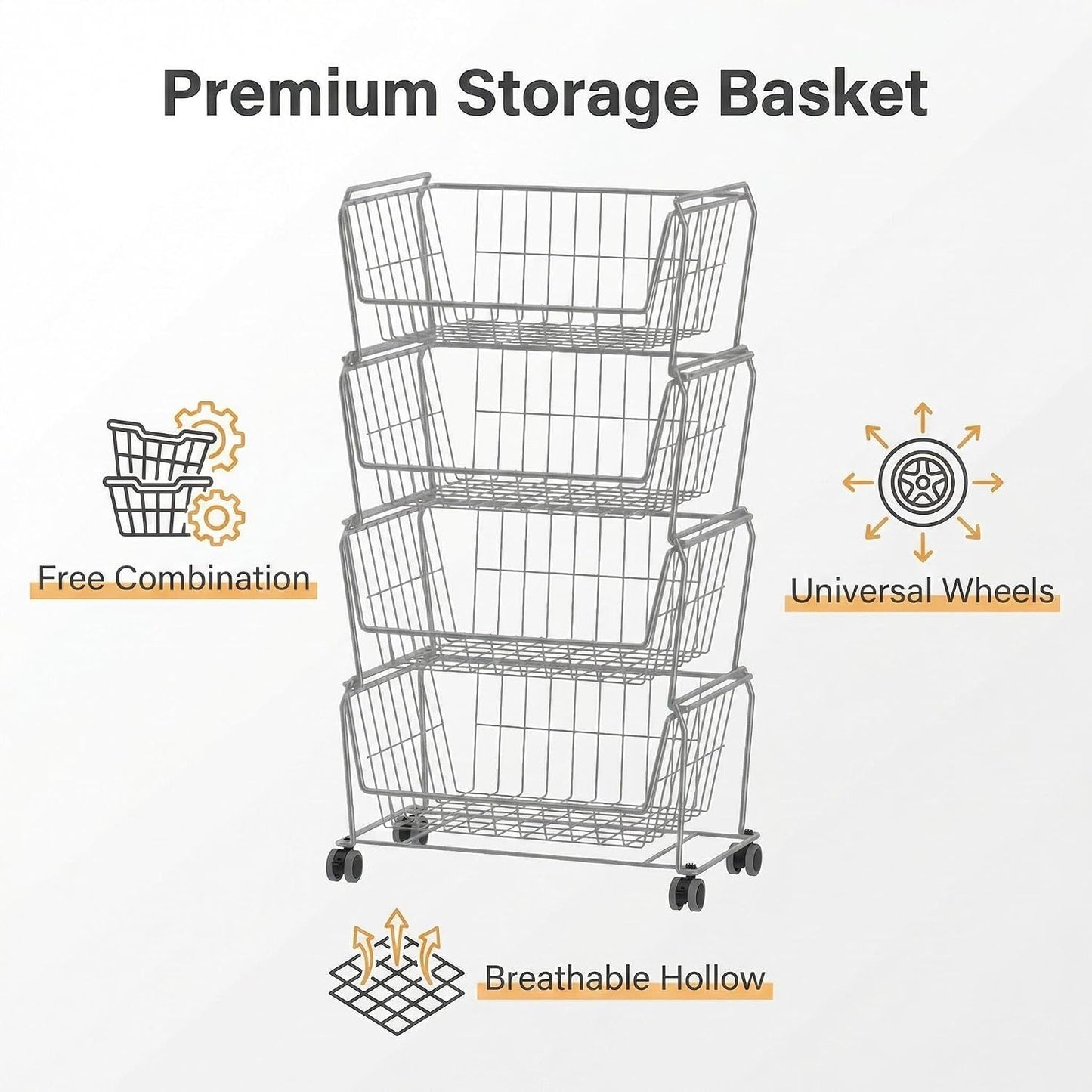 PUSDON 6-Tier Tall Stackable Wire Storage Baskets with Wheels, Vertical Metal Rolling Utility Cart, High Capacity Produce Basket for Kitchen Pantry, Snack Organizer, Matte Black
