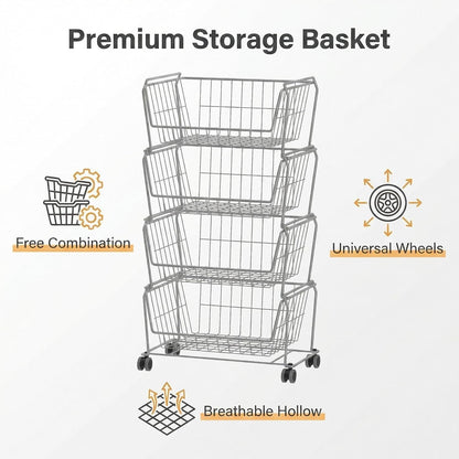 PUSDON 6-Tier Tall Stackable Wire Storage Baskets with Wheels, Vertical Metal Rolling Utility Cart, High Capacity Produce Basket for Kitchen Pantry, Snack Organizer, Matte Black