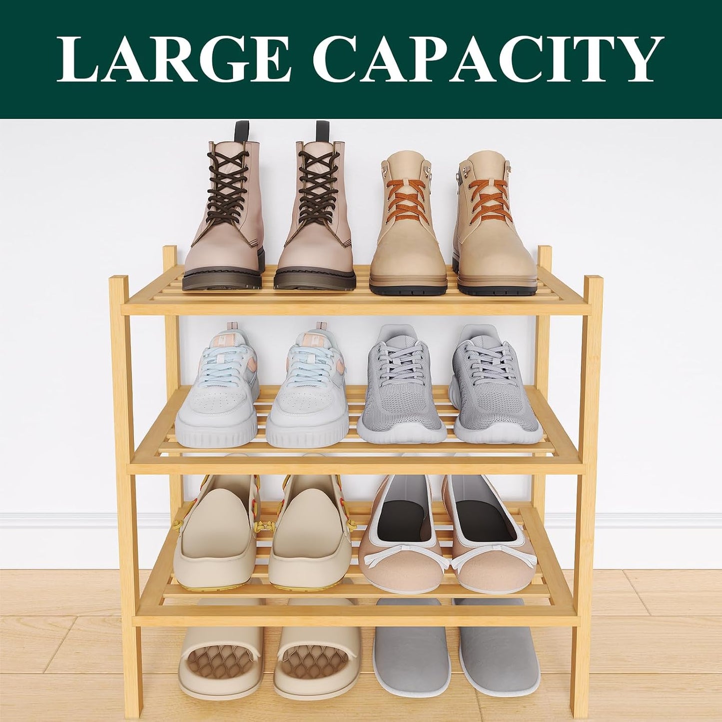 Smiry Bamboo Shoe Rack, 3 Tier Free Standing Wooden Shoe Organizer, Stackable Wood Shoe Storage Shelf for Closet, Entryway, 5 Horizontal Slats, 26.8"x11"x18.3", Natural
