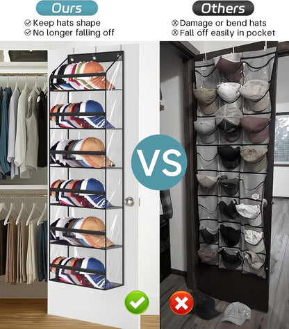 AOODA Clear Over the Door Hat Racks for Baseball Caps, Large Holds up to 72 Caps Hat Storage Organizer for Closet Wall, Deep Pockets Hanging Snapback Holder Shelves with 3 Hooks, White