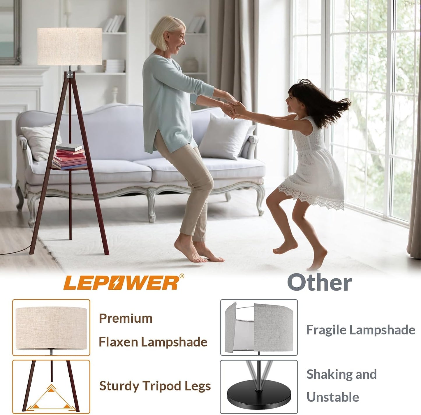 LEPOWER Tripod Floor Lamp, Mid Century Wood Standing Lamp, Modern Design Shelf Floor Lamp for Living Room, Bedroom, Office, Flaxen Linen Shade with E26 Base Brown