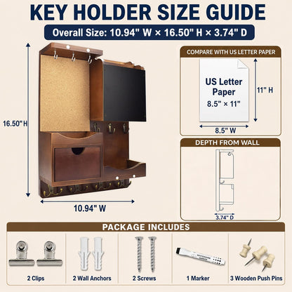 Key Holder for Wall Mount with Shelf and Mail Organizer, Key and Mail Holder with 16 Hooks, Farmhouse Entryway Organizer, Home Decor Rack (Pine Wood, Black)