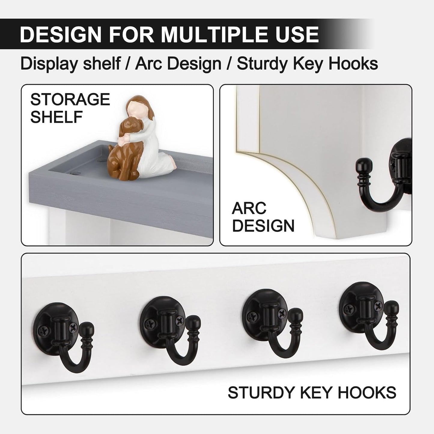 Key and Mail Holder Wall Mount, Key Holder with Shelf and Mail Organizer Wall Mount. Mail Holder with 5 Hooks for Coat, Dog Leash, Home Decor Rack, Entry Way Organizer (White)
